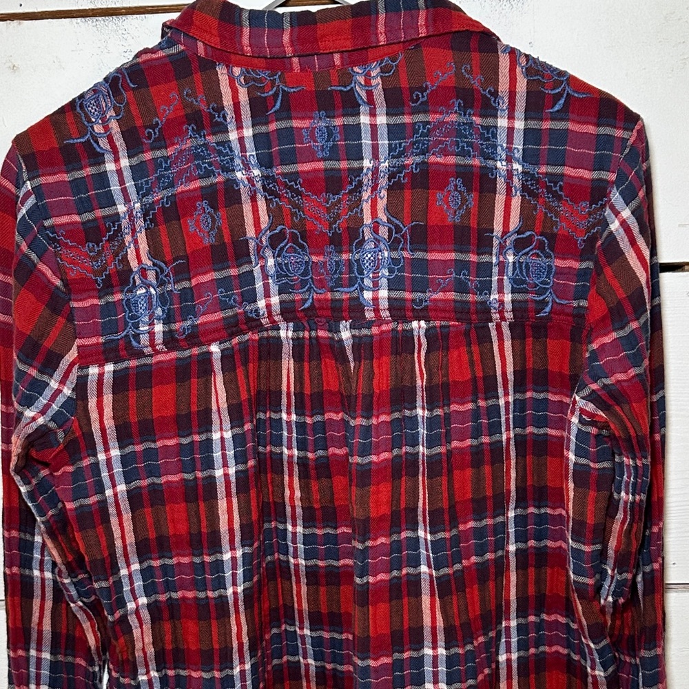 Free People Magical Ebroidered Button Down Red and Blue Plaid Shirt - Picture 7 of 13